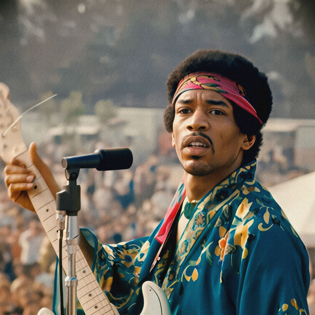 Zoomed detail of Jimi Hendrix's blue-green kimono and white hybrid Stratocaster
