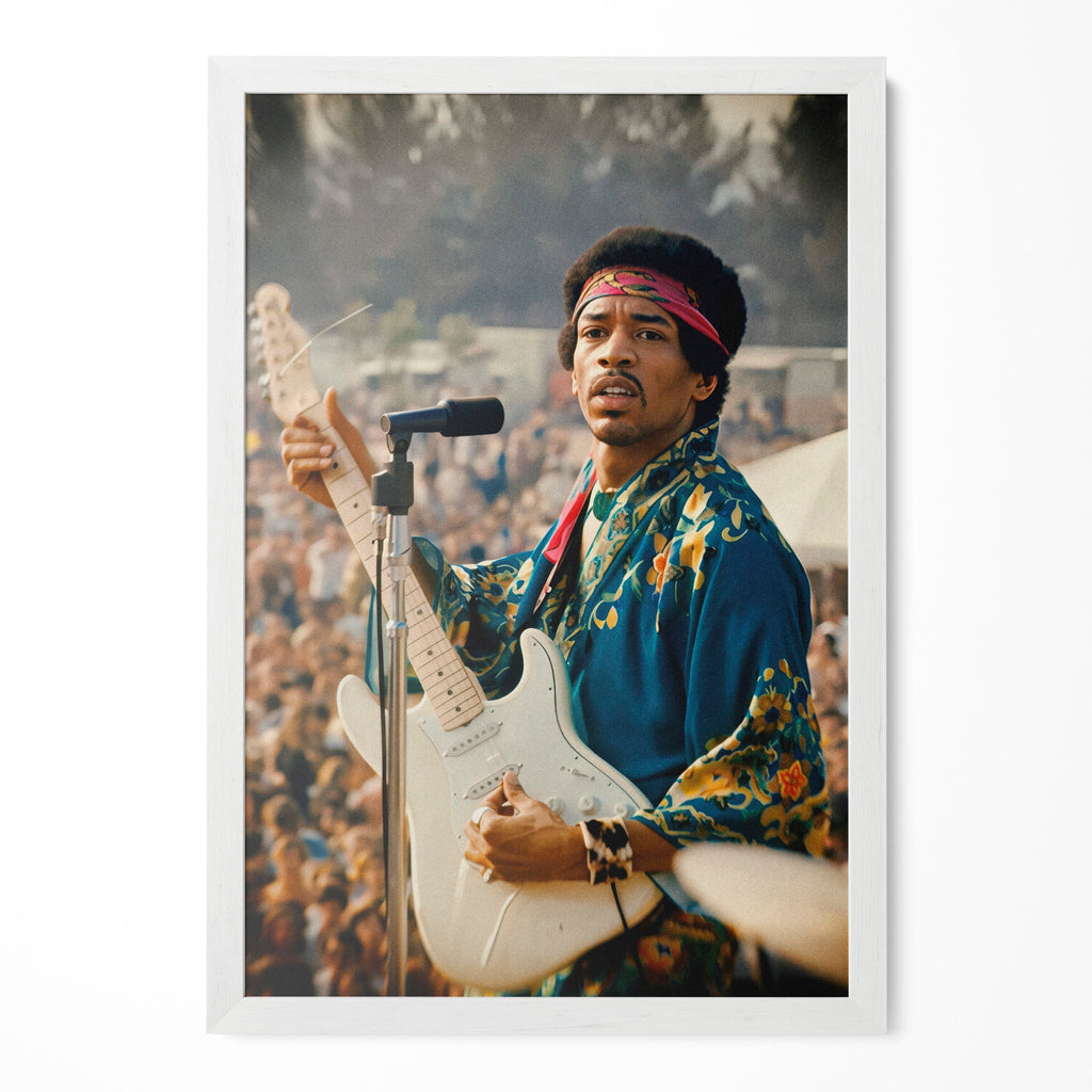 Jimi Hendrix 1969 Newport colour portrait in a classic white poster frame