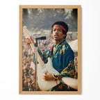 Jimi Hendrix colour portrait in a natural oak poster frame
