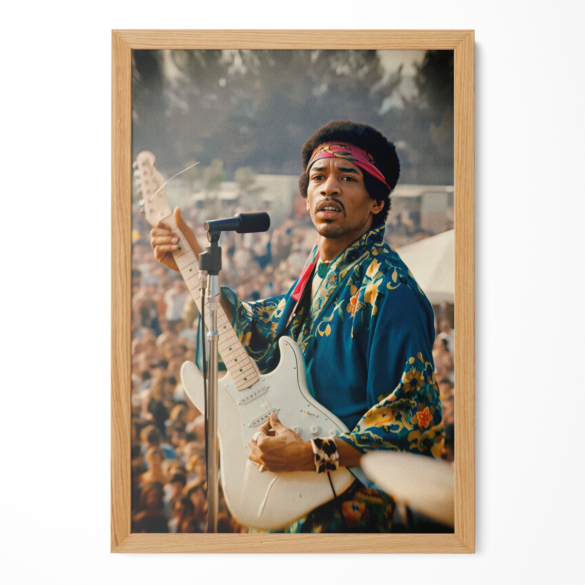 Jimi Hendrix colour portrait in a natural oak poster frame
