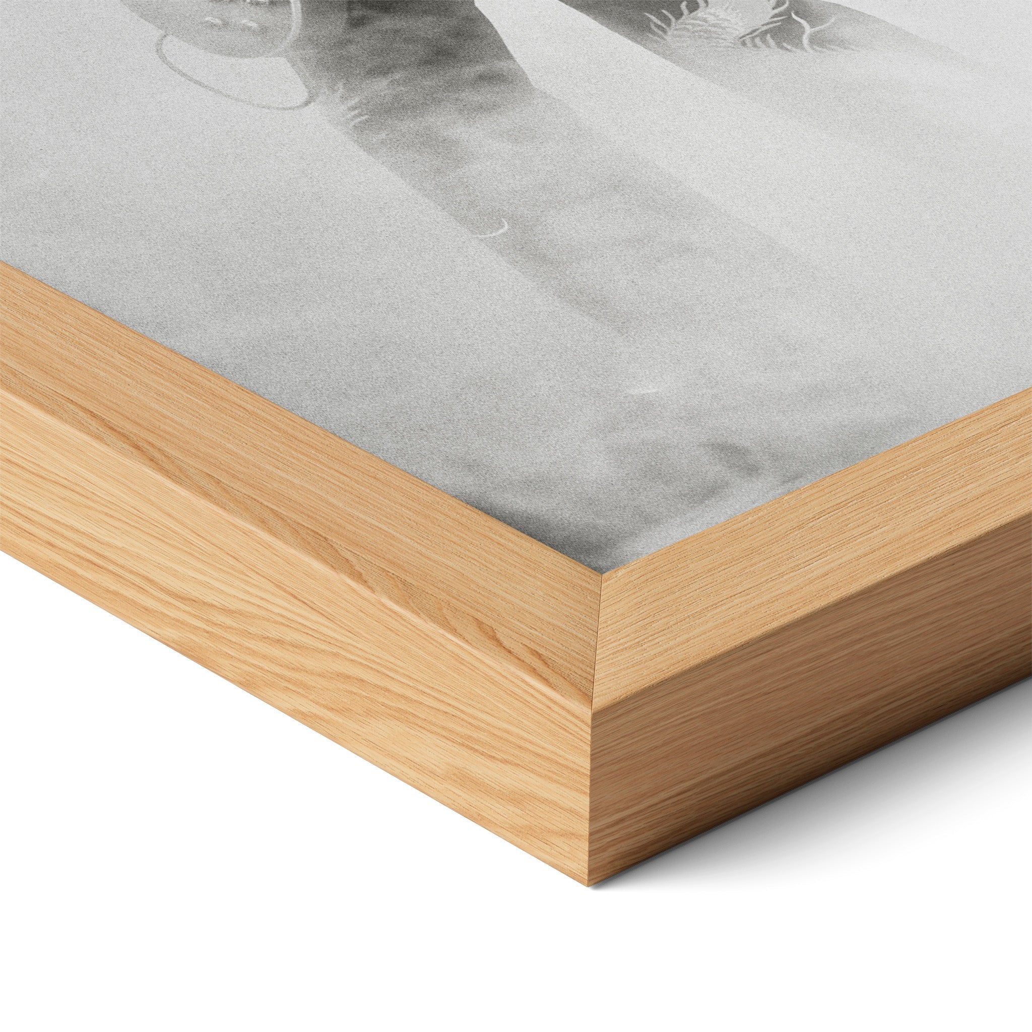 Close-up of the natural oak frame on the Jimmy Page black and white poster