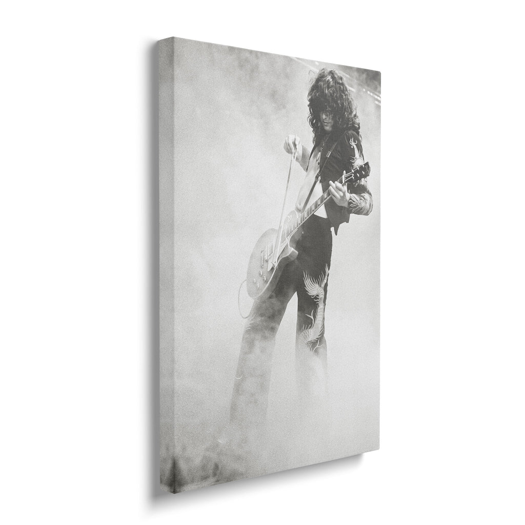 Gallery-wrapped black and white canvas of Jimmy Page at Tampa displayed on a wall