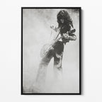 Front display of the Jimmy Page black and white canvas in a black floating frame