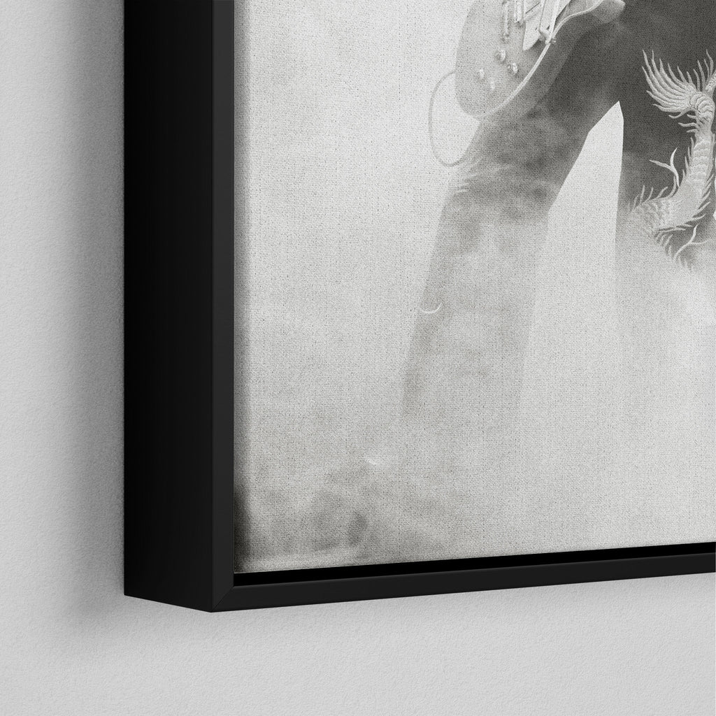 Corner close-up of the black floating frame on the Jimmy Page black and white canvas
