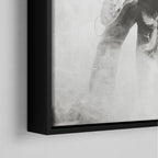 Corner close-up of the black floating frame on the Jimmy Page black and white canvas