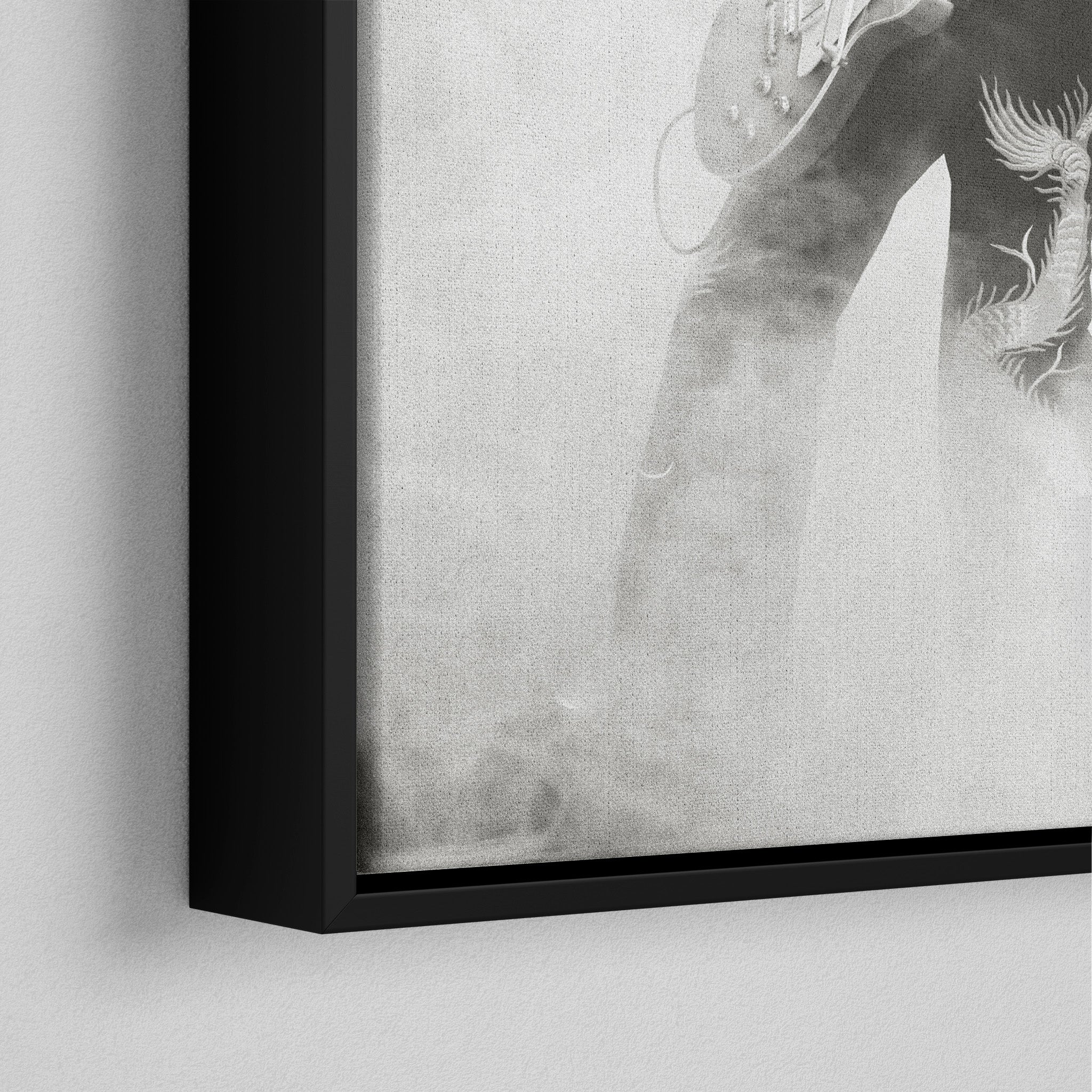 Corner close-up of the black floating frame on the Jimmy Page black and white canvas