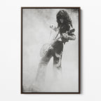 Front display of the Jimmy Page black and white canvas in a dark walnut floating frame