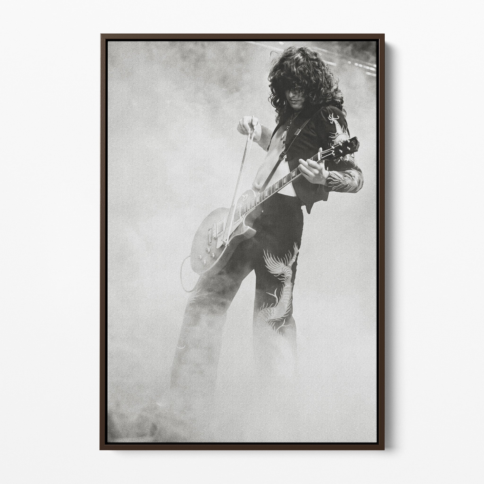 Front display of the Jimmy Page black and white canvas in a dark walnut floating frame