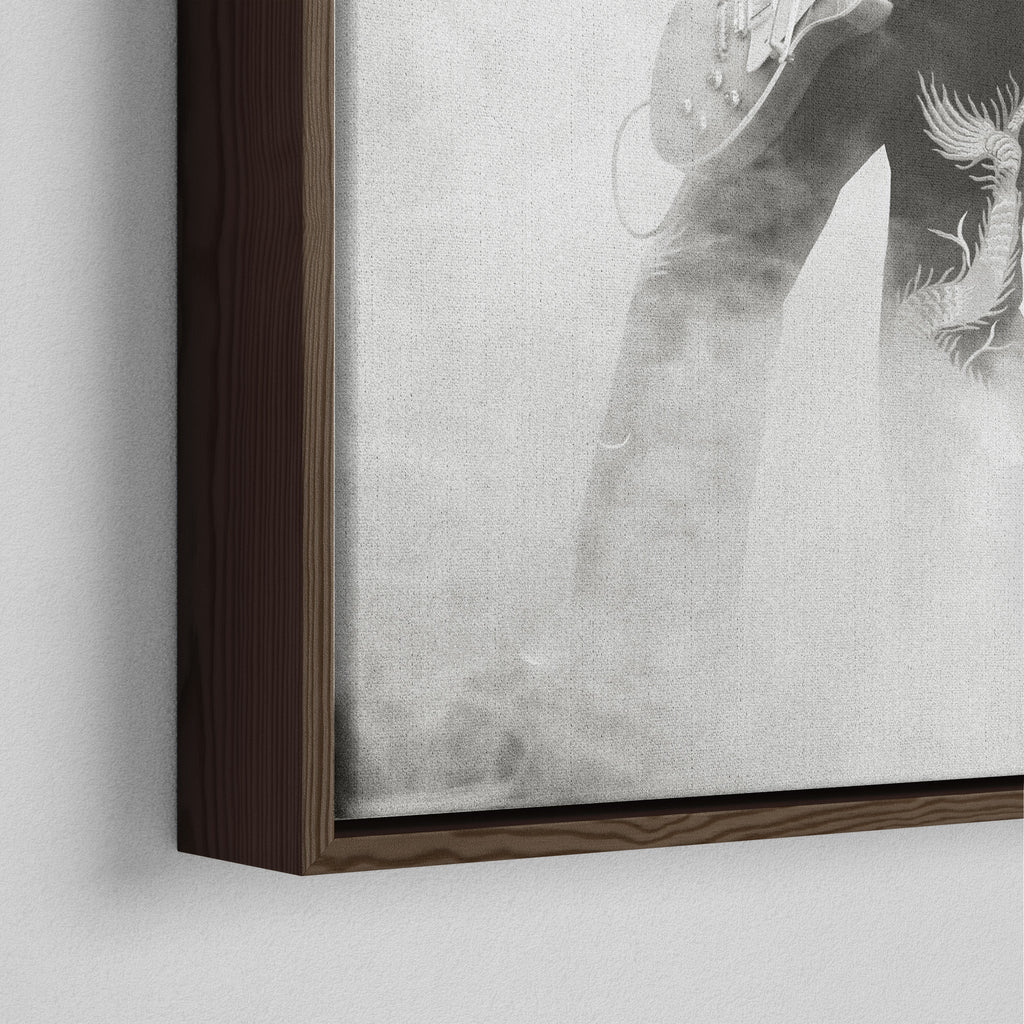 Close-up of the dark walnut floating frame on the Jimmy Page black and white canvas