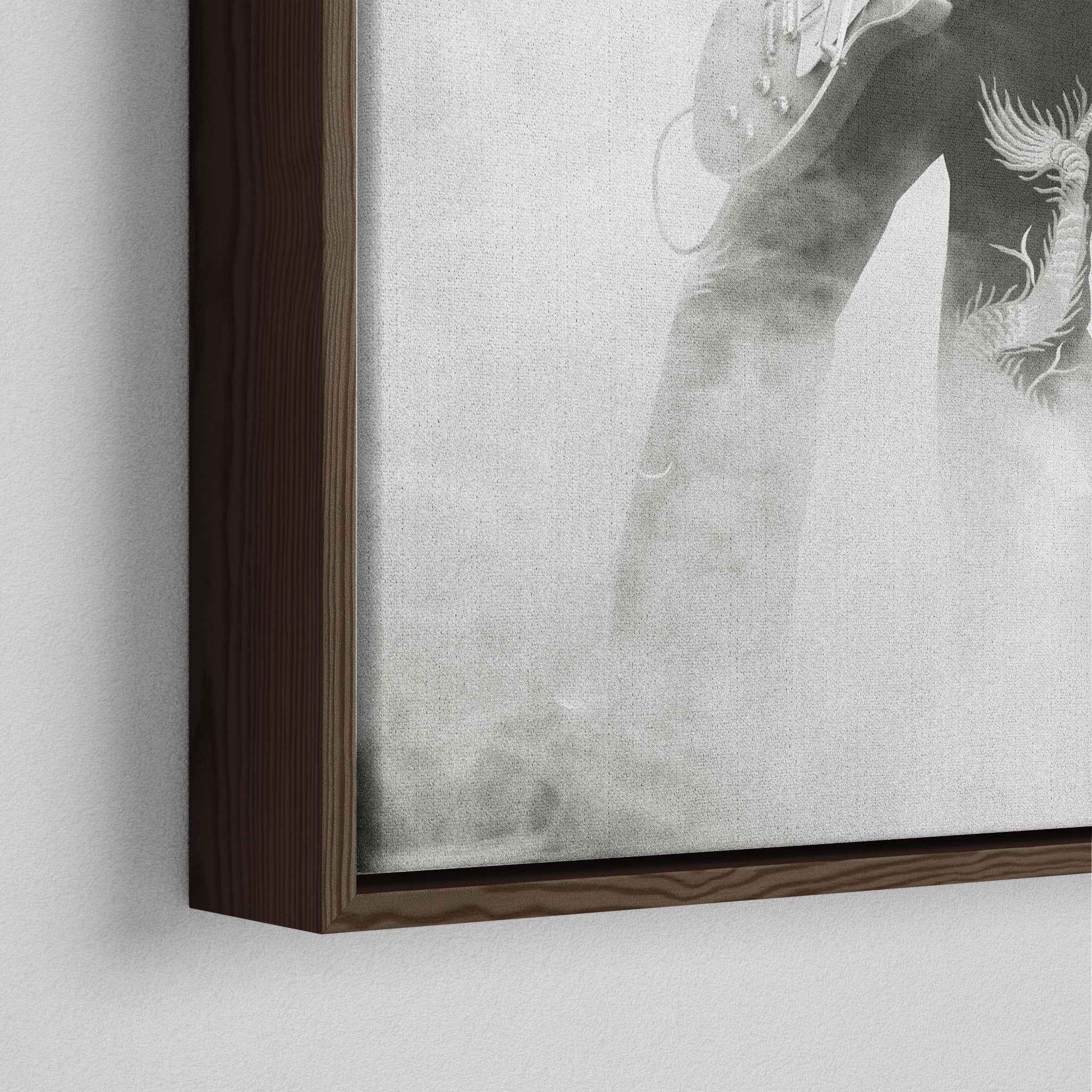 Close-up of the dark walnut floating frame on the Jimmy Page black and white canvas
