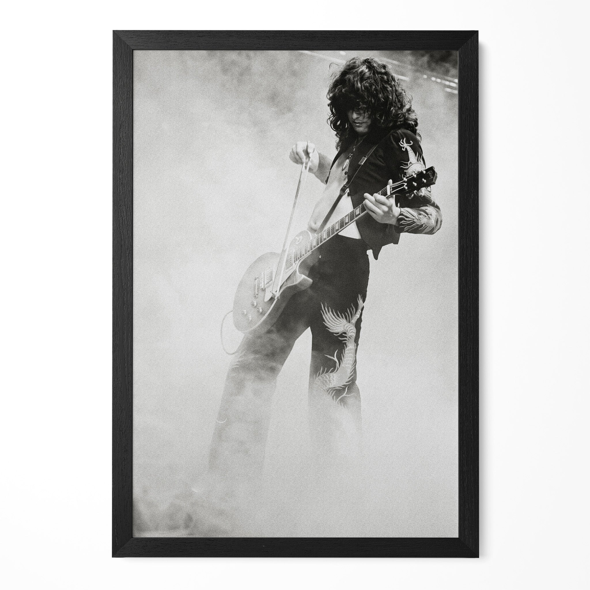 Jimmy Page 1973 Tampa Stadium black and white portrait in a classic black poster frame