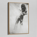 Angled view of the Jimmy Page black and white canvas in a natural oak floating frame