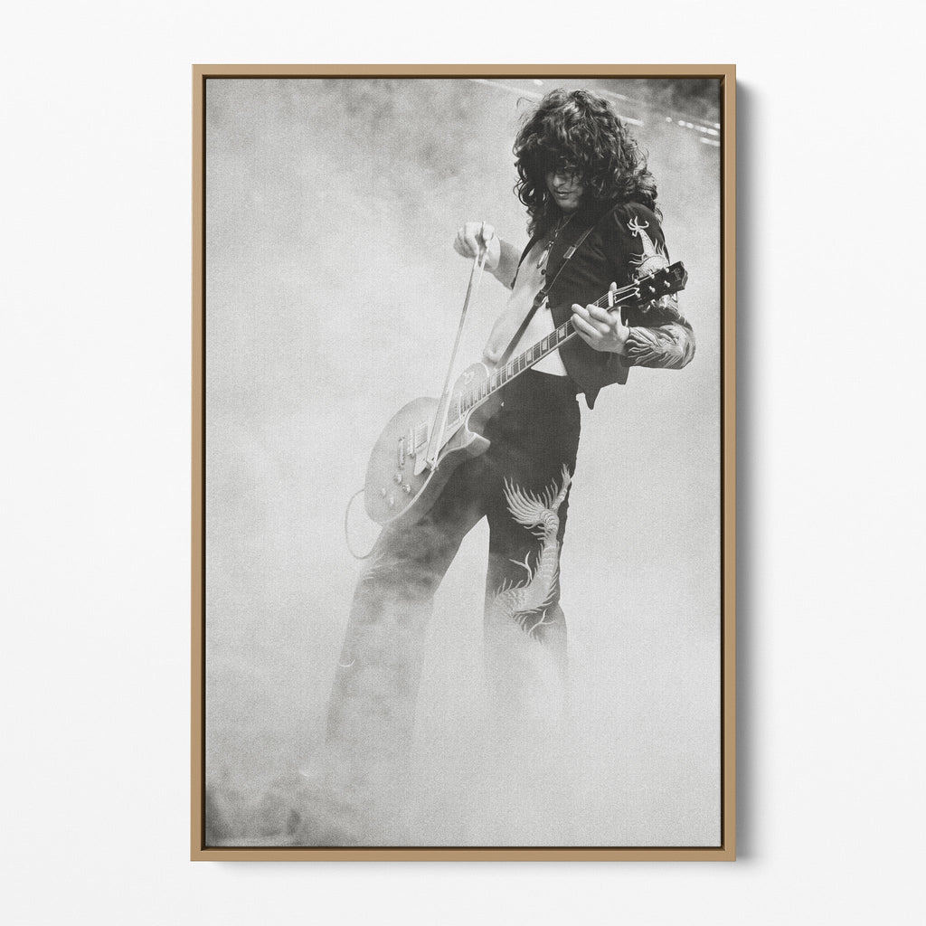 Front display of the Jimmy Page black and white canvas in a natural oak floating frame