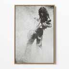 Front display of the Jimmy Page black and white canvas in a natural oak floating frame