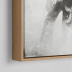 Corner close-up of the natural oak floating frame on the Jimmy Page black and white canvas