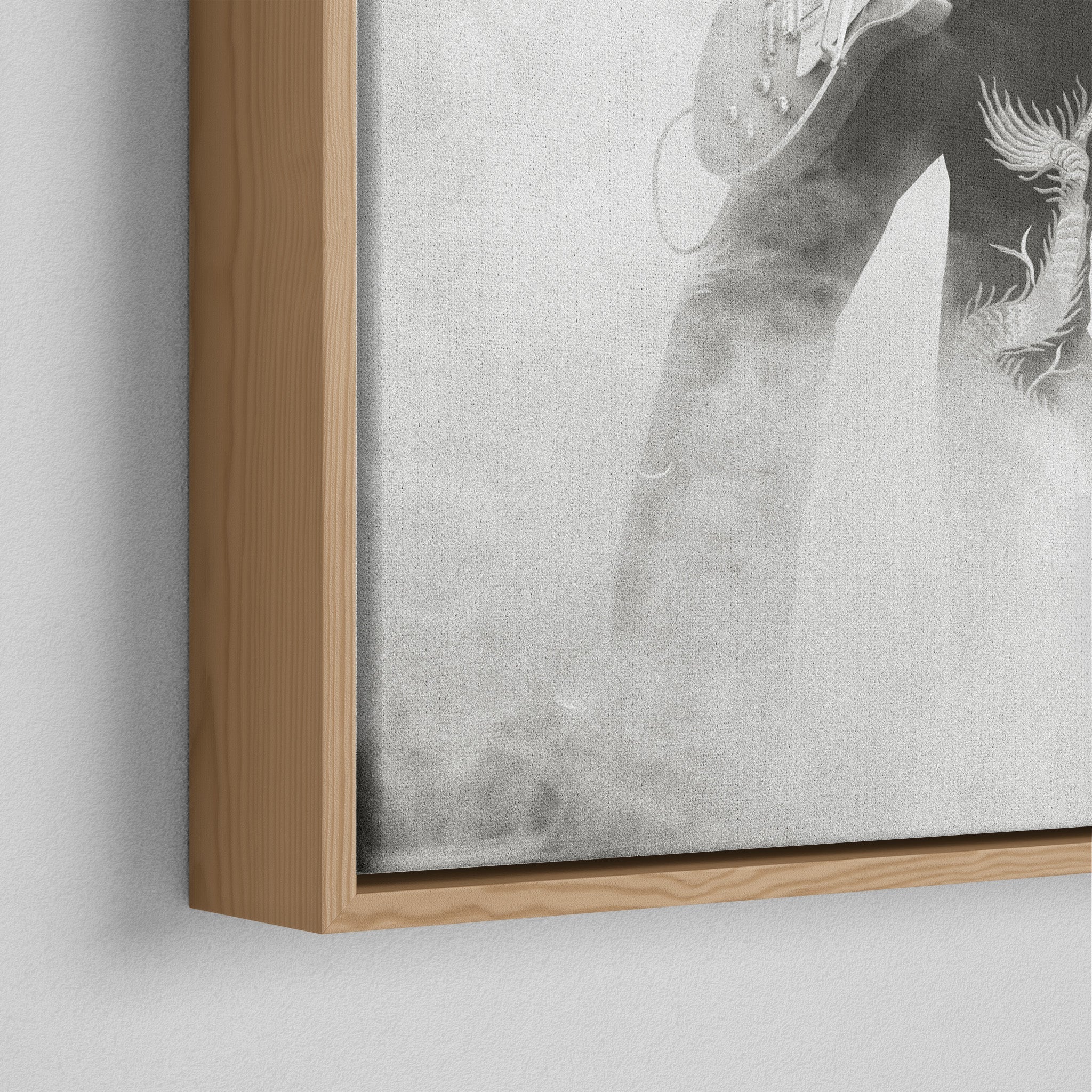 Corner close-up of the natural oak floating frame on the Jimmy Page black and white canvas