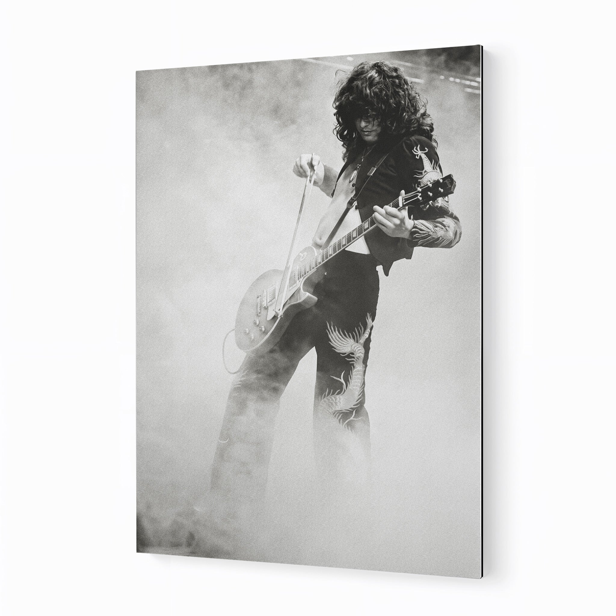 Jimmy Page 1973 Tampa black and white metal print displayed on a wall