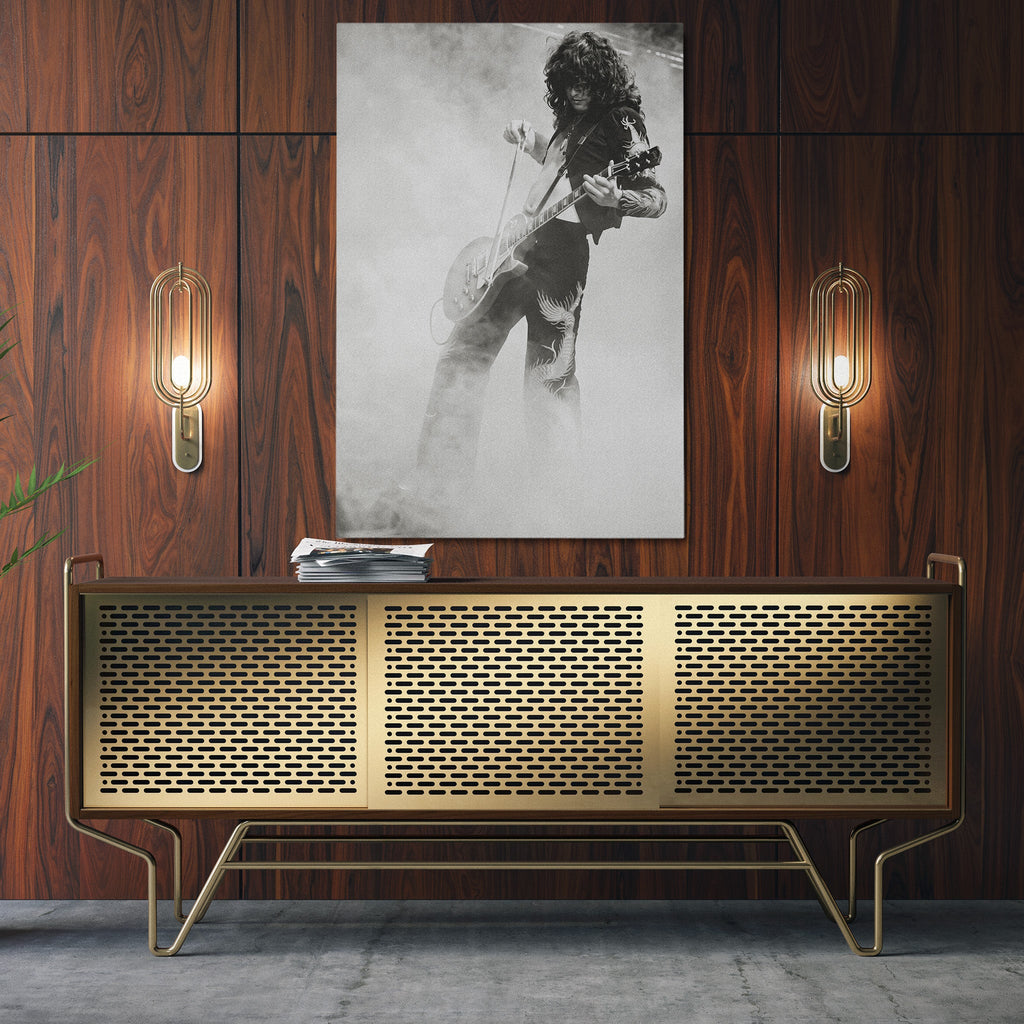 Sleek aluminum black and white metal print of Jimmy Page at Tampa Stadium