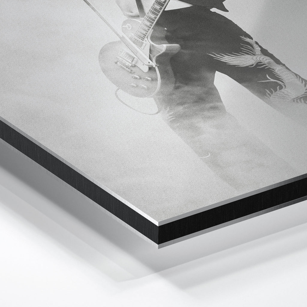 Close-up of the aluminum edge on the Jimmy Page black and white metal print