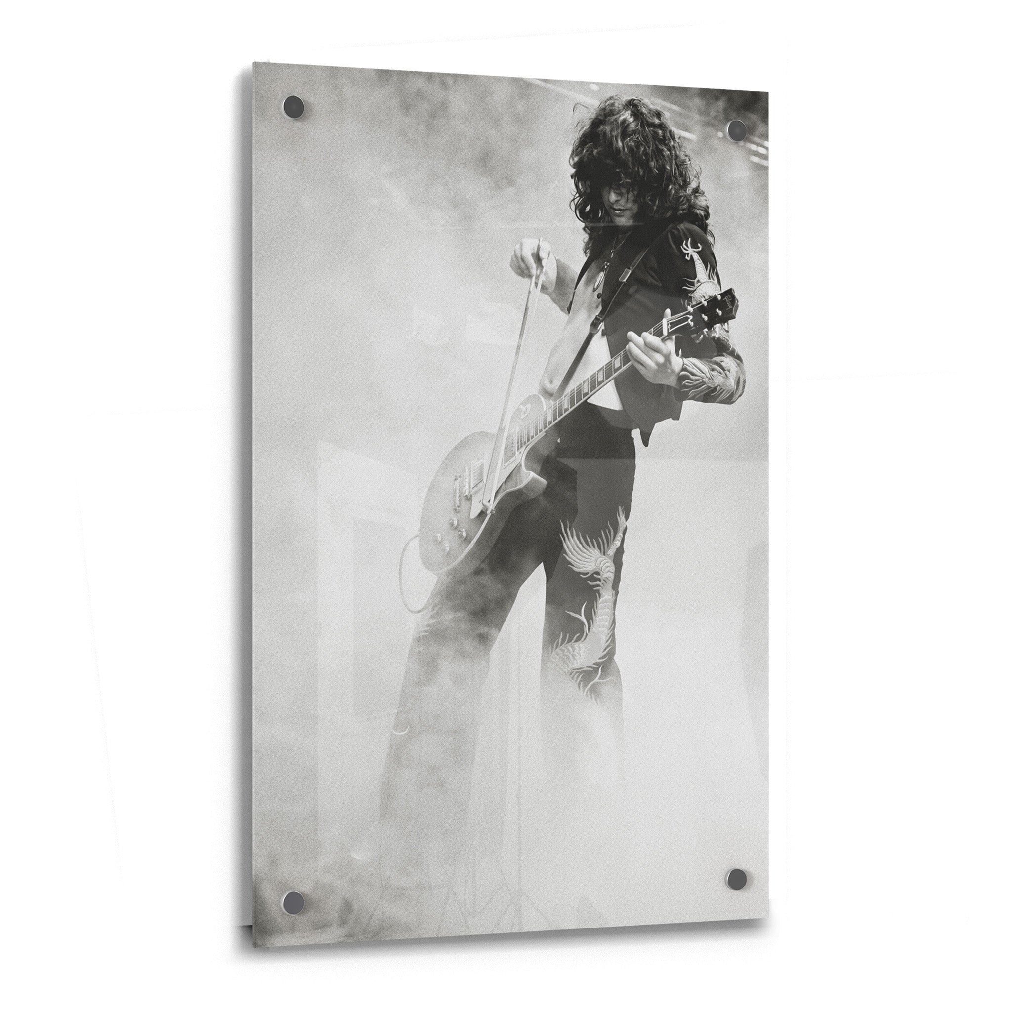 Jimmy Page 1973 Tampa black and white acrylic glass print with a glossy finish