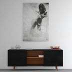 High-gloss acrylic black and white print of Jimmy Page displayed on a wall