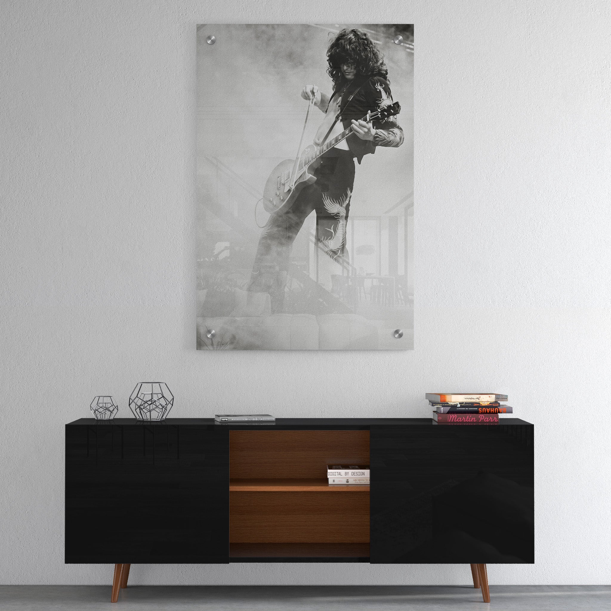 High-gloss acrylic black and white print of Jimmy Page displayed on a wall