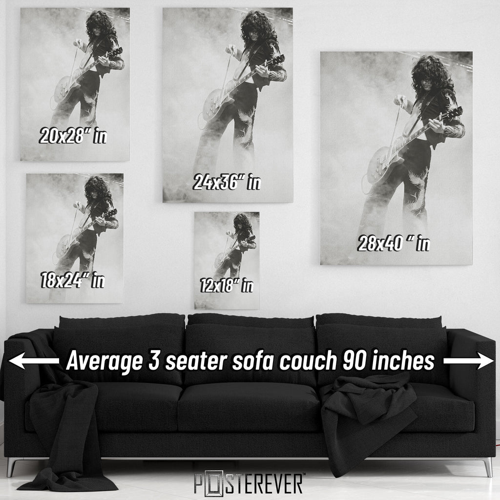 Jimmy Page wall art size comparison chart shown above a sofa