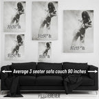 Jimmy Page wall art size comparison chart shown above a sofa