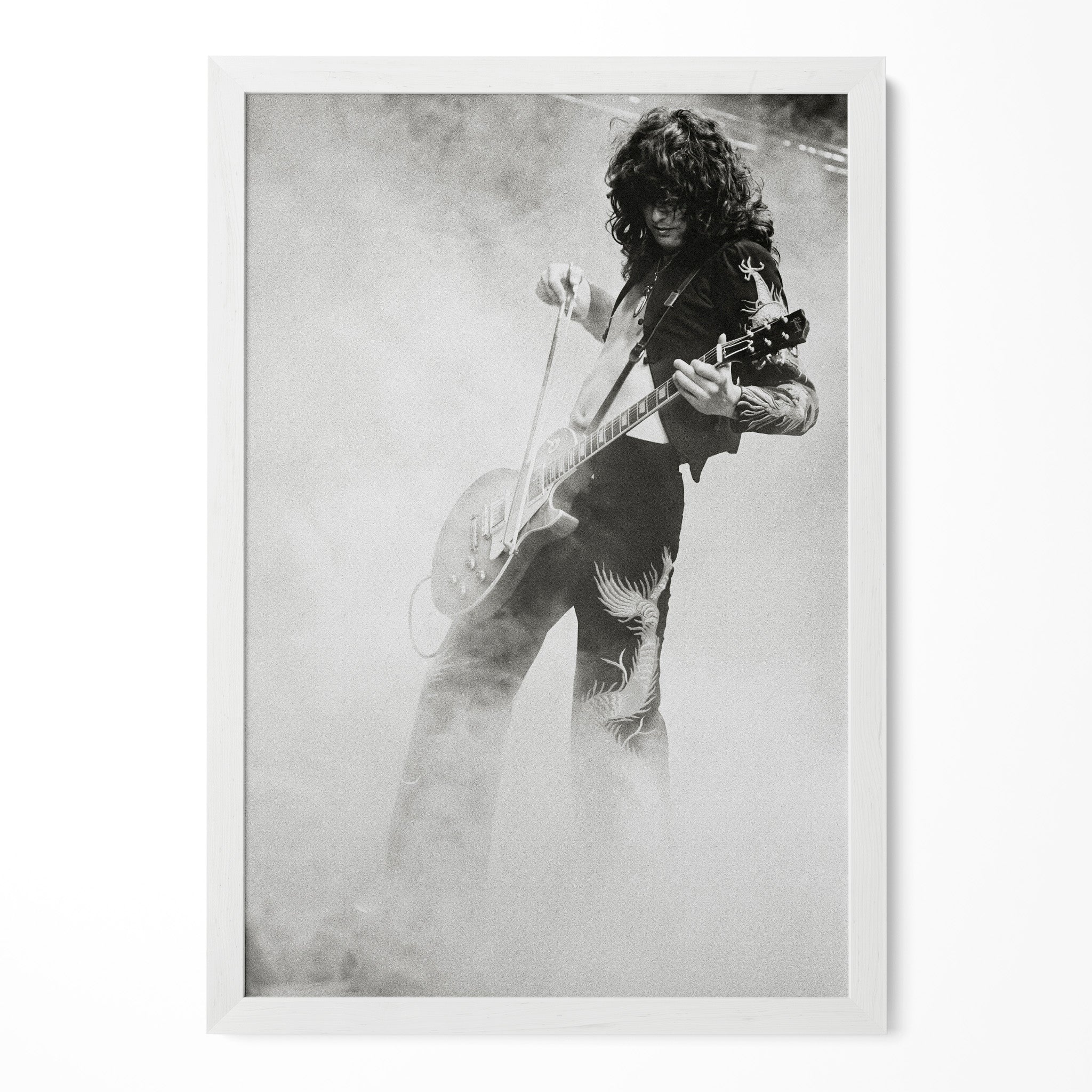 Jimmy Page 1973 Tampa black and white portrait in a classic white poster frame