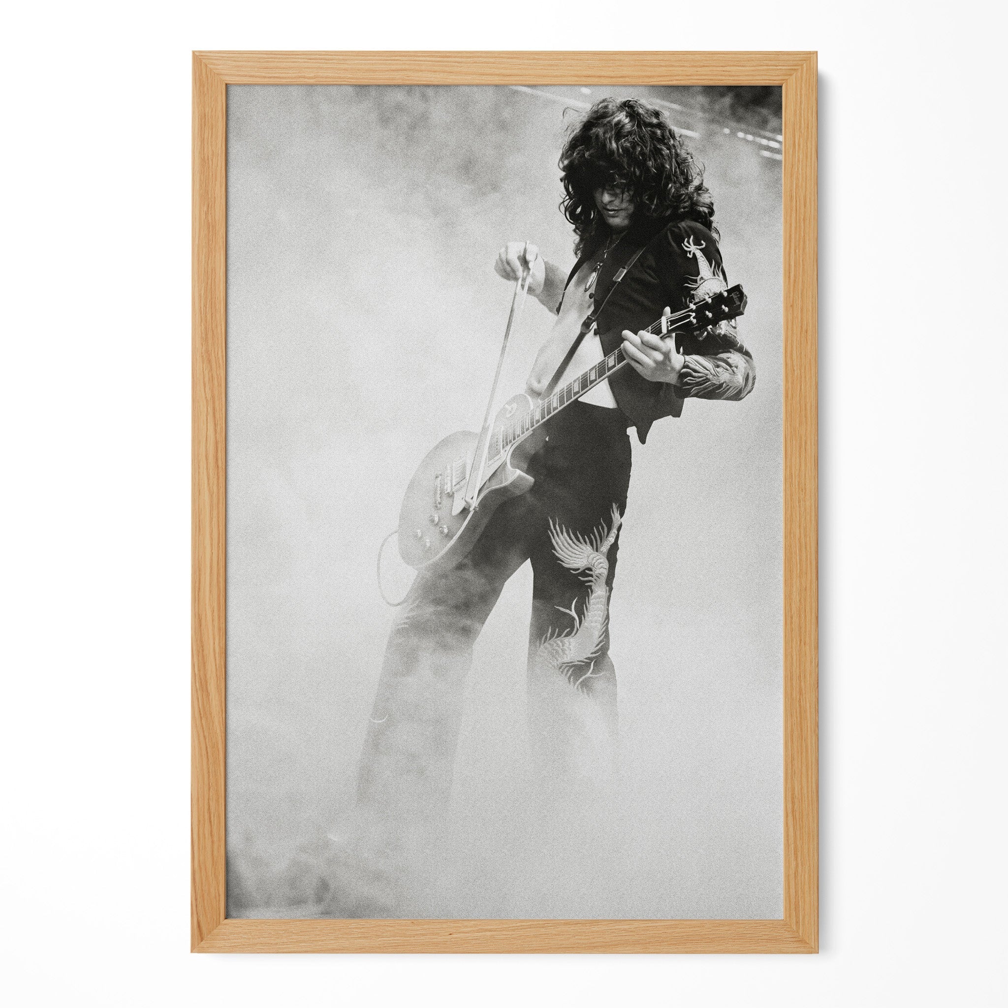 Jimmy Page black and white portrait in a natural oak poster frame