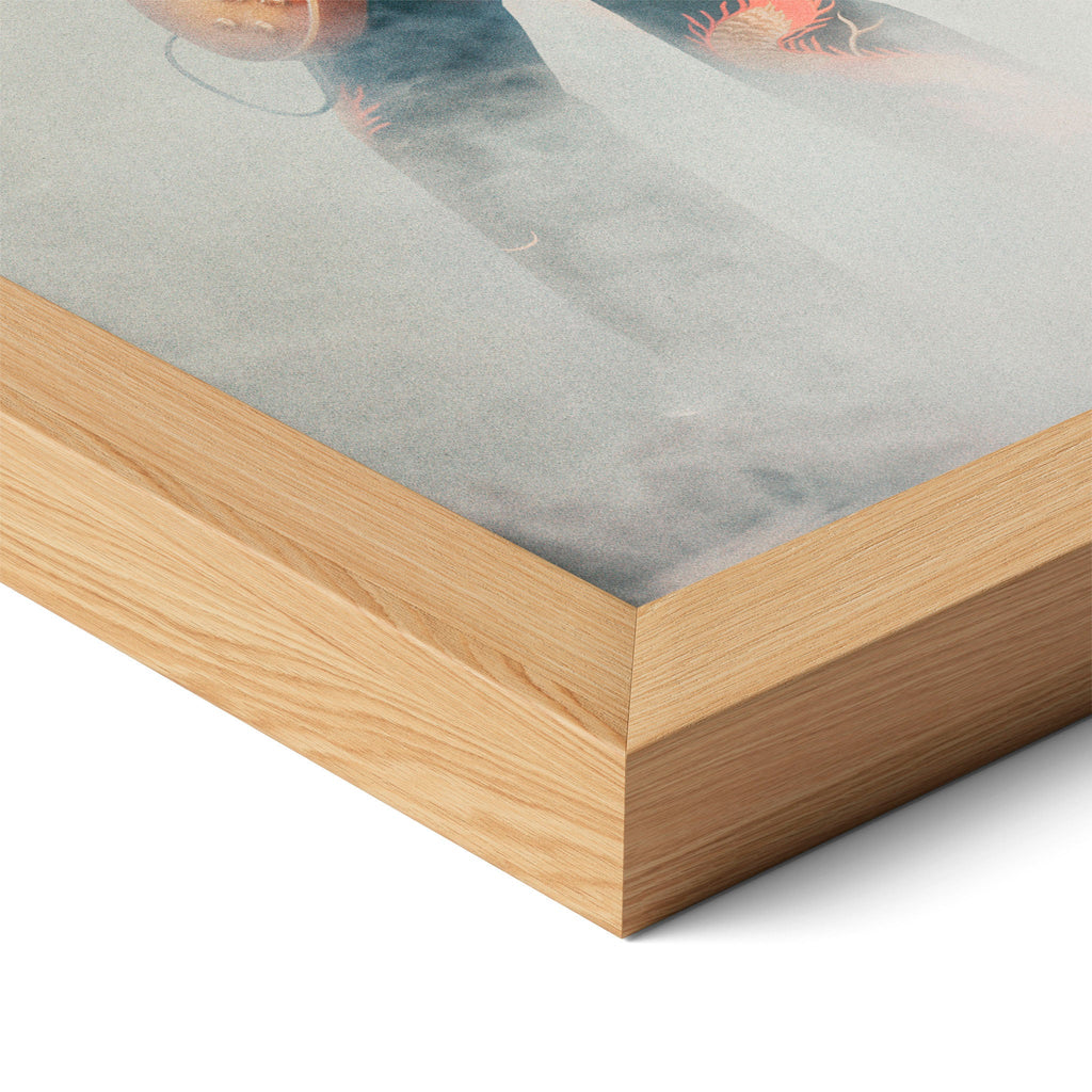 Close-up of the natural oak frame on the Jimmy Page colorized poster