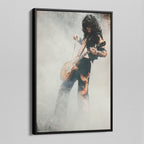 Angled view of the Jimmy Page colorized canvas in a black floating frame
