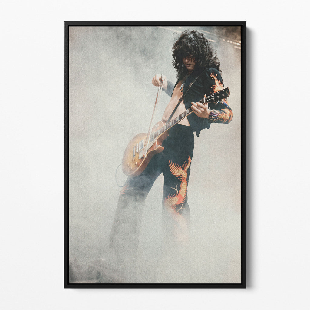 Front display of the Jimmy Page colorized canvas in a black floating frame