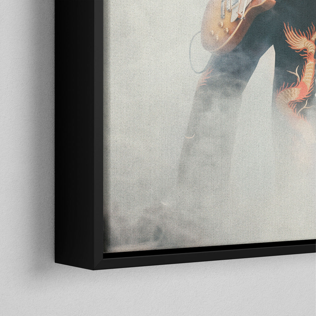 Corner close-up of the black floating frame on the Jimmy Page colorized canvas