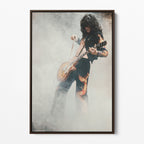 Front display of the Jimmy Page colorized canvas in a dark walnut floating frame
