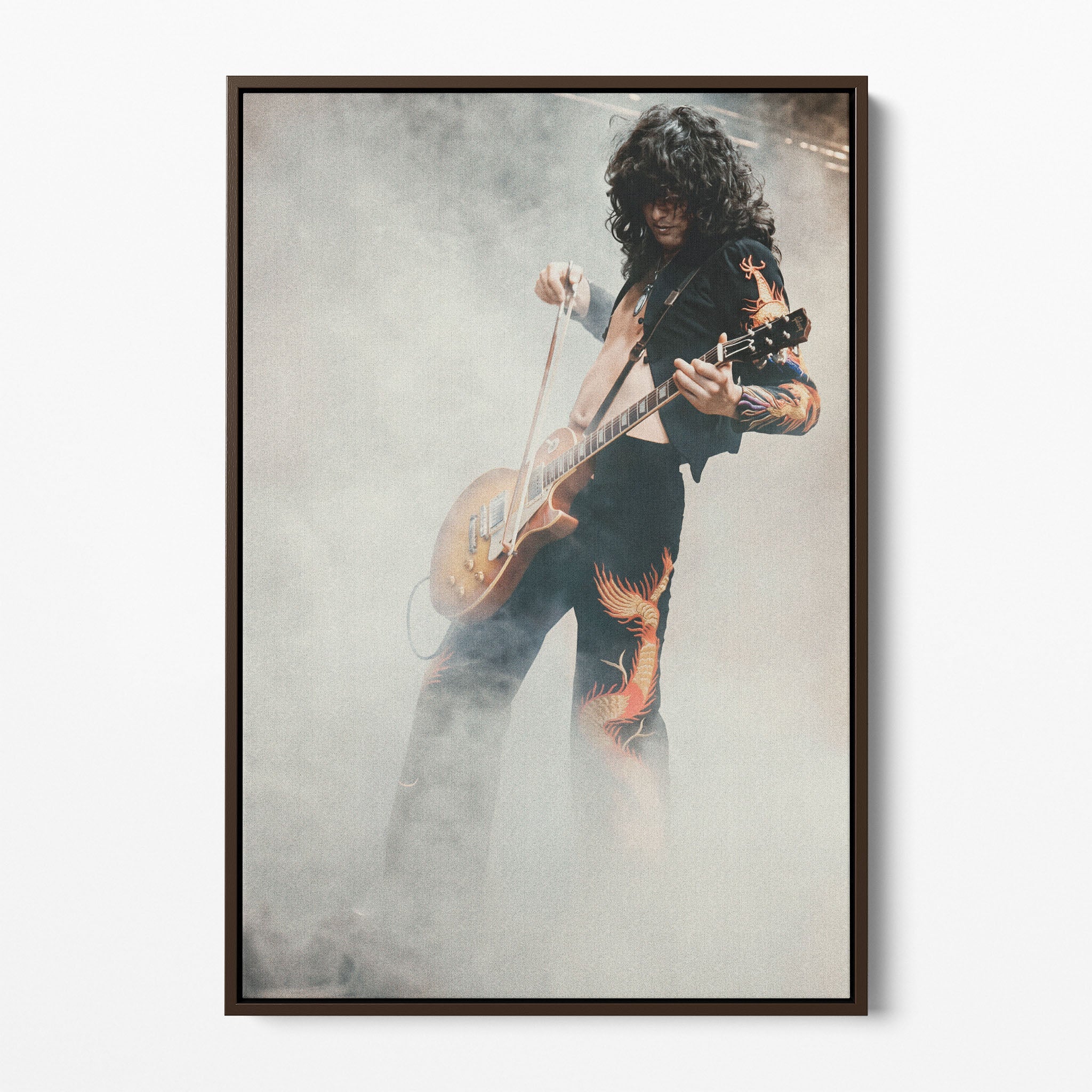Front display of the Jimmy Page colorized canvas in a dark walnut floating frame