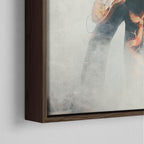 Close-up of the dark walnut floating frame on the Jimmy Page colorized canvas