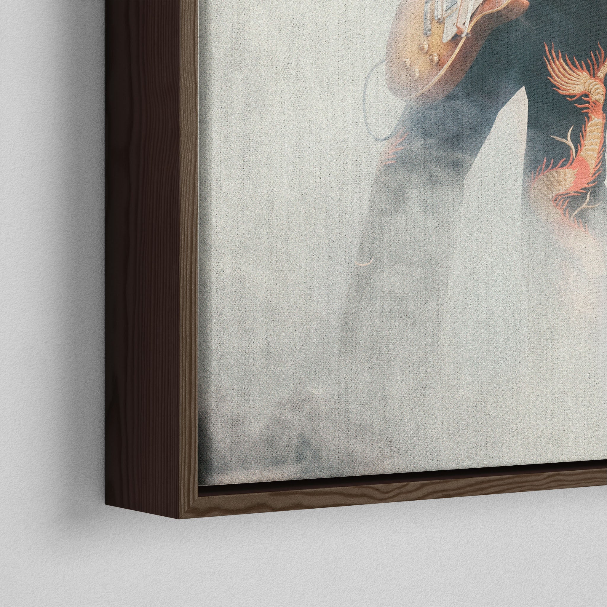 Close-up of the dark walnut floating frame on the Jimmy Page colorized canvas