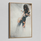 Angled view of the Jimmy Page colorized canvas in a natural oak floating frame