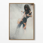 Front display of the Jimmy Page colorized canvas in a natural oak floating frame