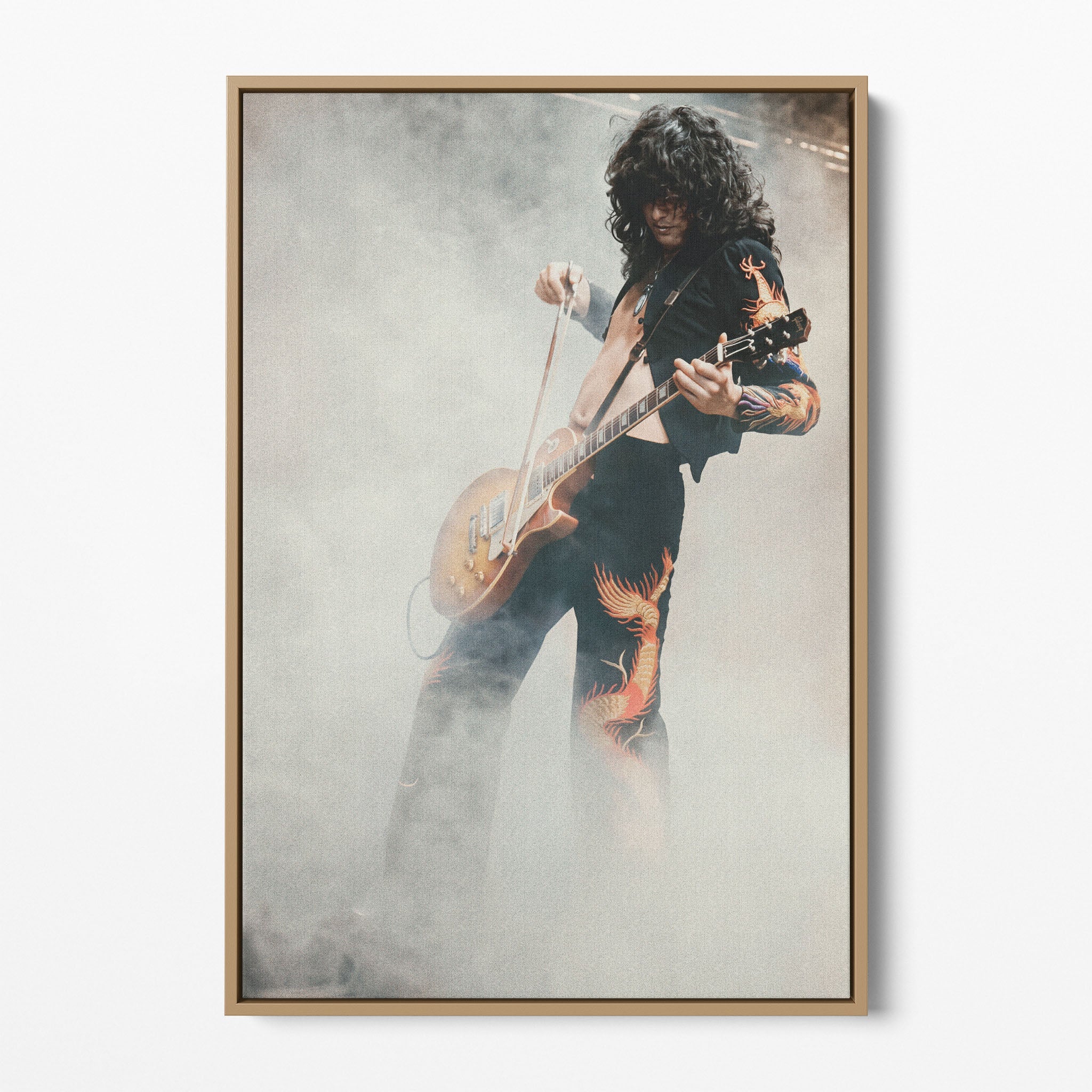 Front display of the Jimmy Page colorized canvas in a natural oak floating frame