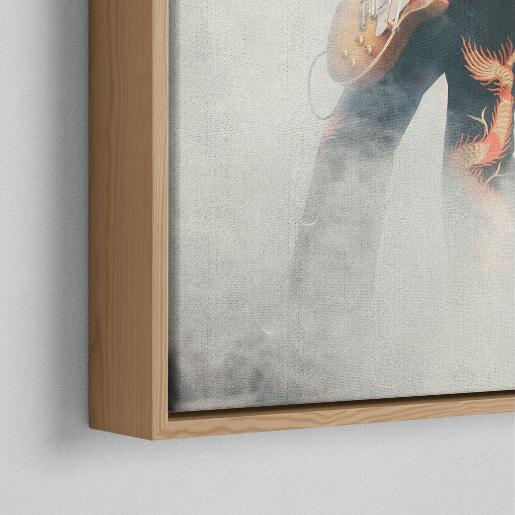 Corner close-up of the natural oak floating frame on the Jimmy Page colorized canvas