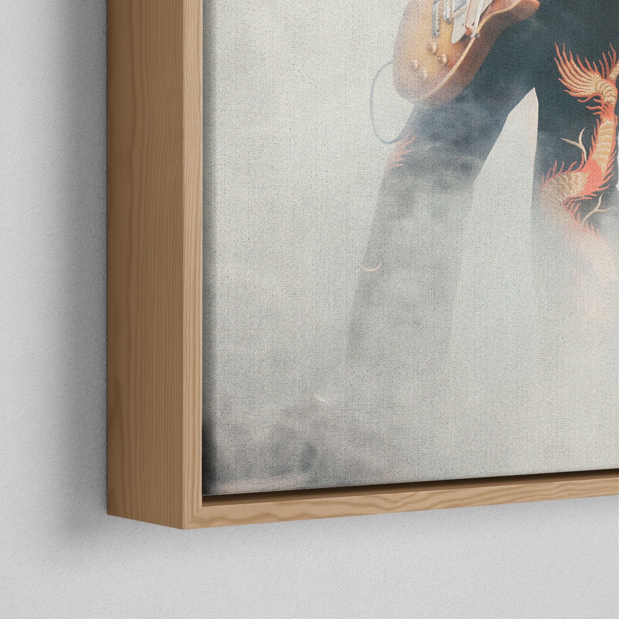 Corner close-up of the natural oak floating frame on the Jimmy Page colorized canvas