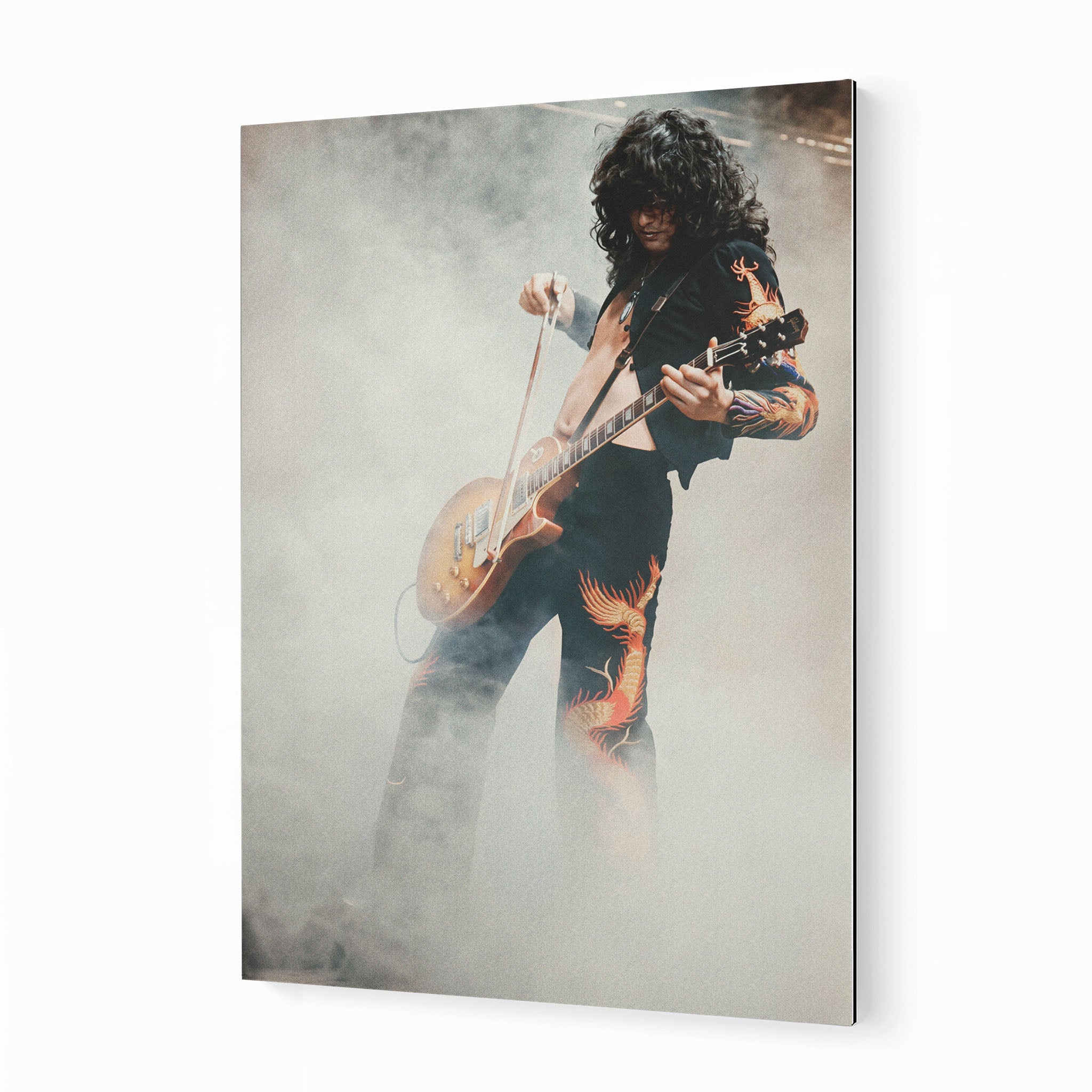 Jimmy Page 1973 Tampa colorized metal print displayed on a wall