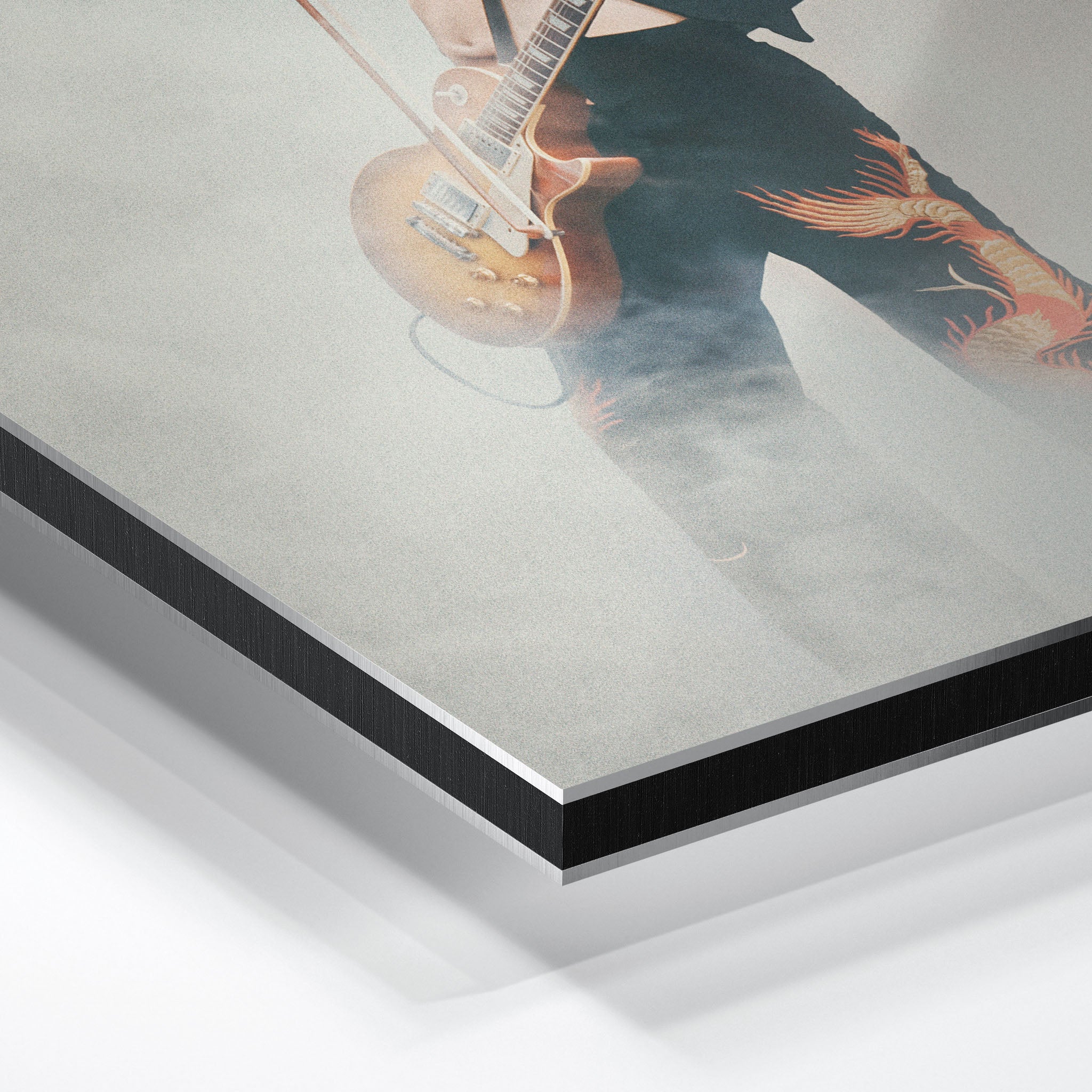 Close-up of the aluminum edge on the Jimmy Page colorized metal print