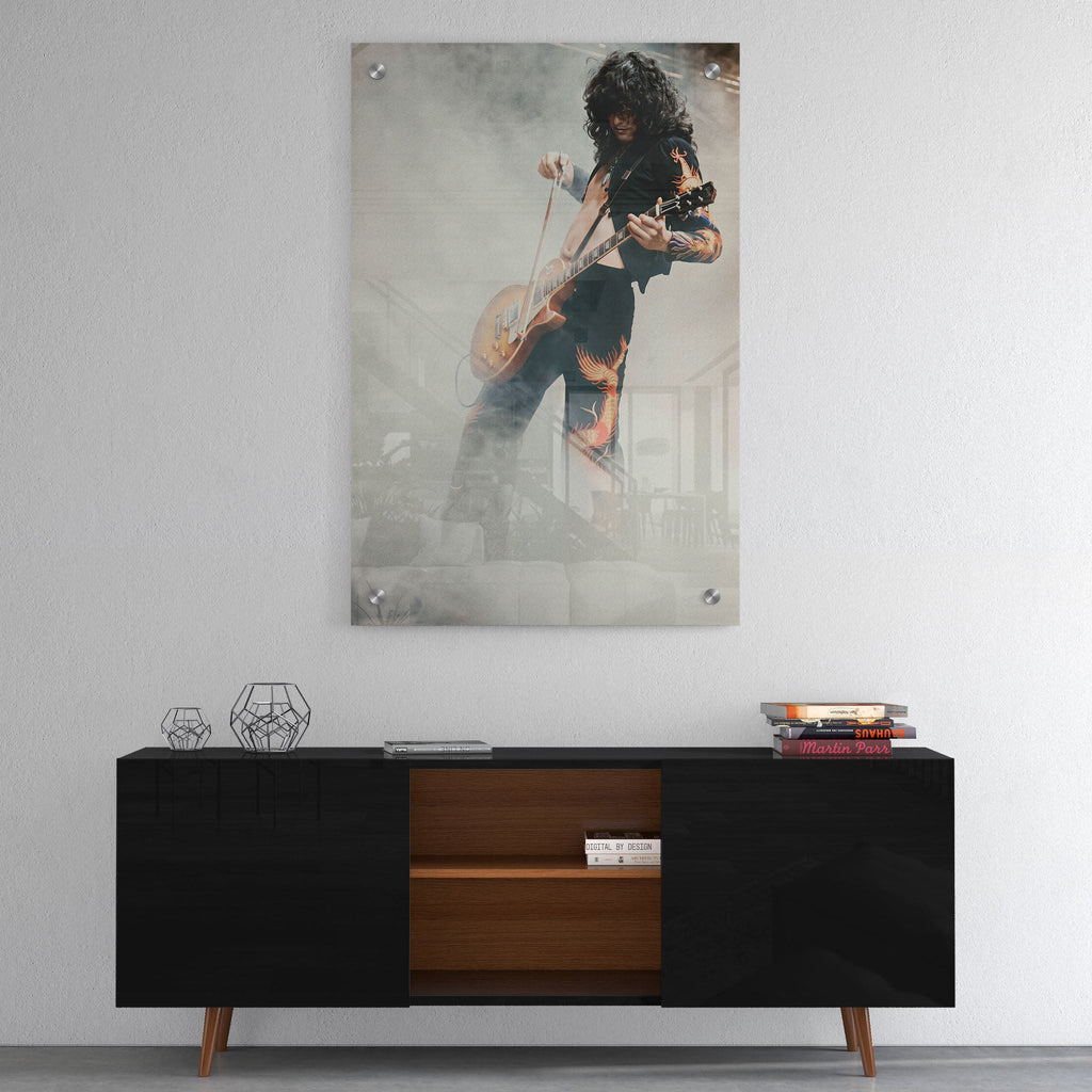 High-gloss acrylic colorized print of Jimmy Page displayed on a wall