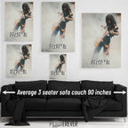 Jimmy Page wall art size comparison chart shown above a sofa