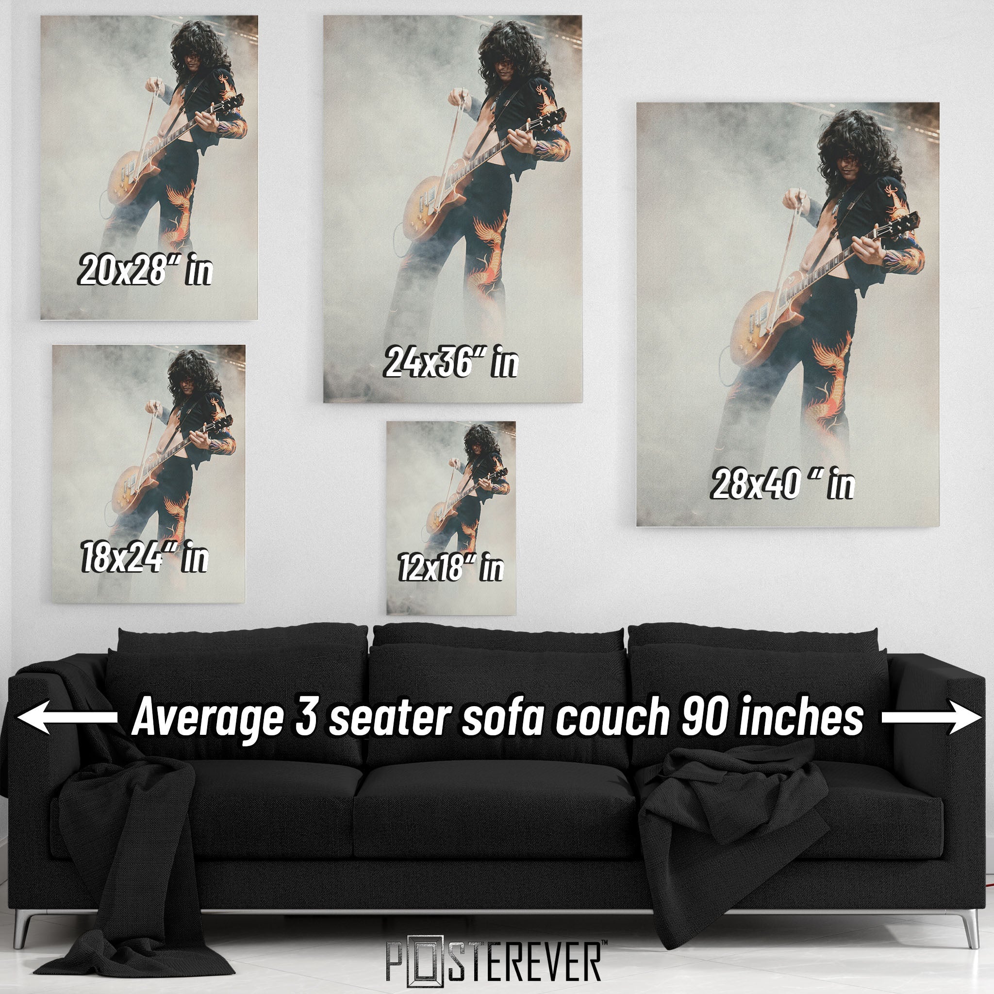 Jimmy Page wall art size comparison chart shown above a sofa