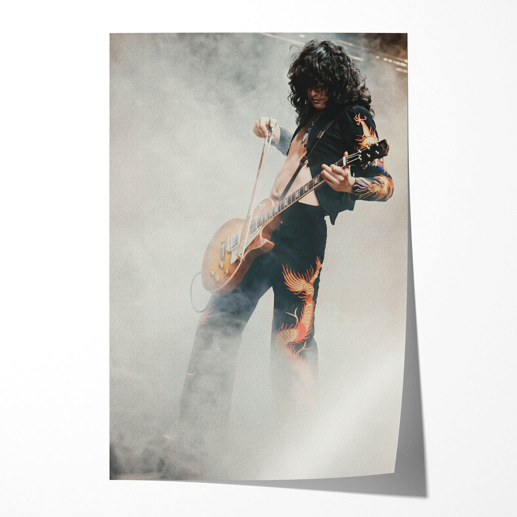 Unframed colorized print of Jimmy Page performing the violin bow solo at Tampa 1973