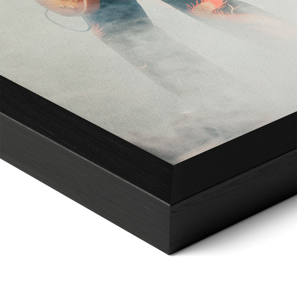 Close-up of the Jimmy Page colorized poster in a classic black wood frame